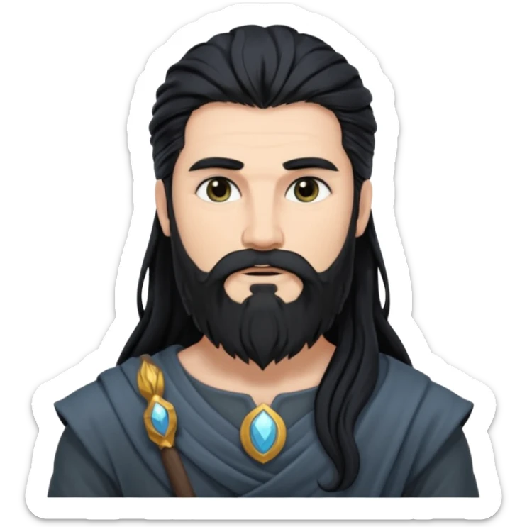 Boreas, North Wind God from Rome Mythology with long jet black hair and beard, dark gray outfit sticker