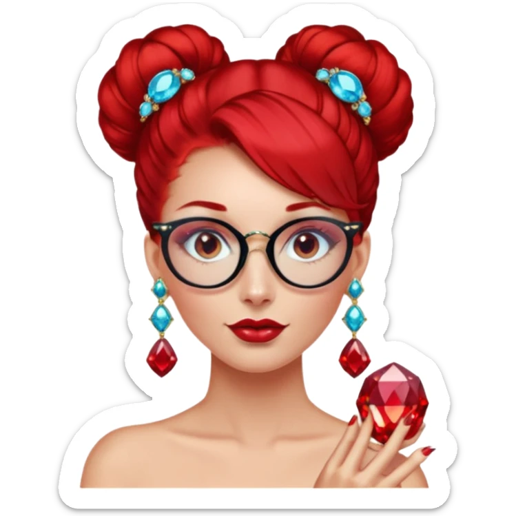 gem lover woman with gem accessories excessive amount gem glassess very big gem earrings red bun hair and red diamonds sticker