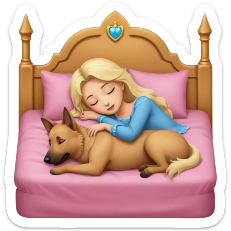 White Belgian shepherd dog with Brown eyes sleeping On a Princessbed with a blonde lady with blonde hair sticker