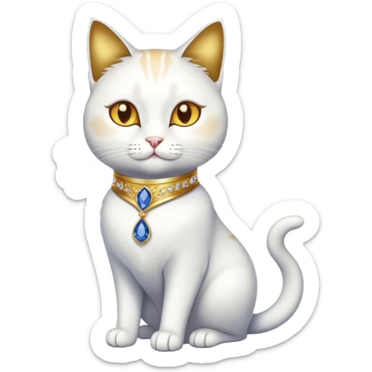 Fancy white sophisticated elegant sitting pet cat with a gold-sapphire collar (full body)  sticker