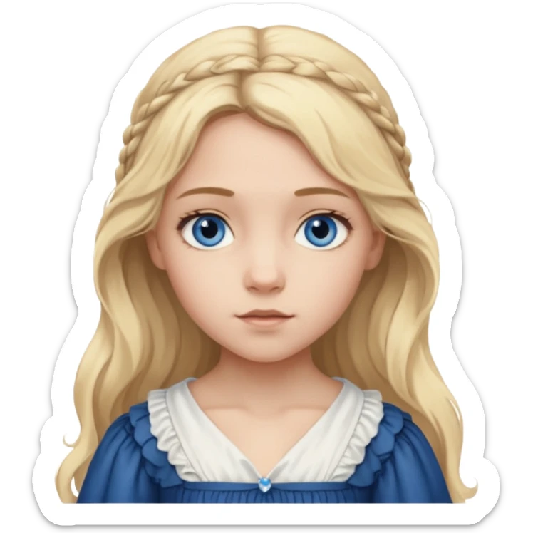 Cosette From Les Miserables with light skin, blue eyes, Blonde long Hair, white outfit sticker