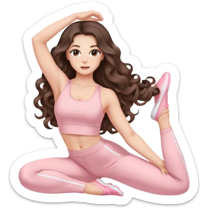 beautiful brunette with a light balayage white girl with nice defined and long curls , very long hair, clean girl makeup STRETCHING IN LIGHT PINK GYM sticker