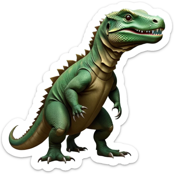 cinematic-komodo-dragon-realistic-full-body-standing-emoji,-massive-scaled-body-poised-with-quiet-power,-rough-textured-skin-dark-green-and-brown,-head-tilted-dramatically,-long-forked-tongue-flicking-out,-simplified-yet-realistic-focused-features,-highly-detailed,-glowing-with-an-almost-sarcastic-glow sticker