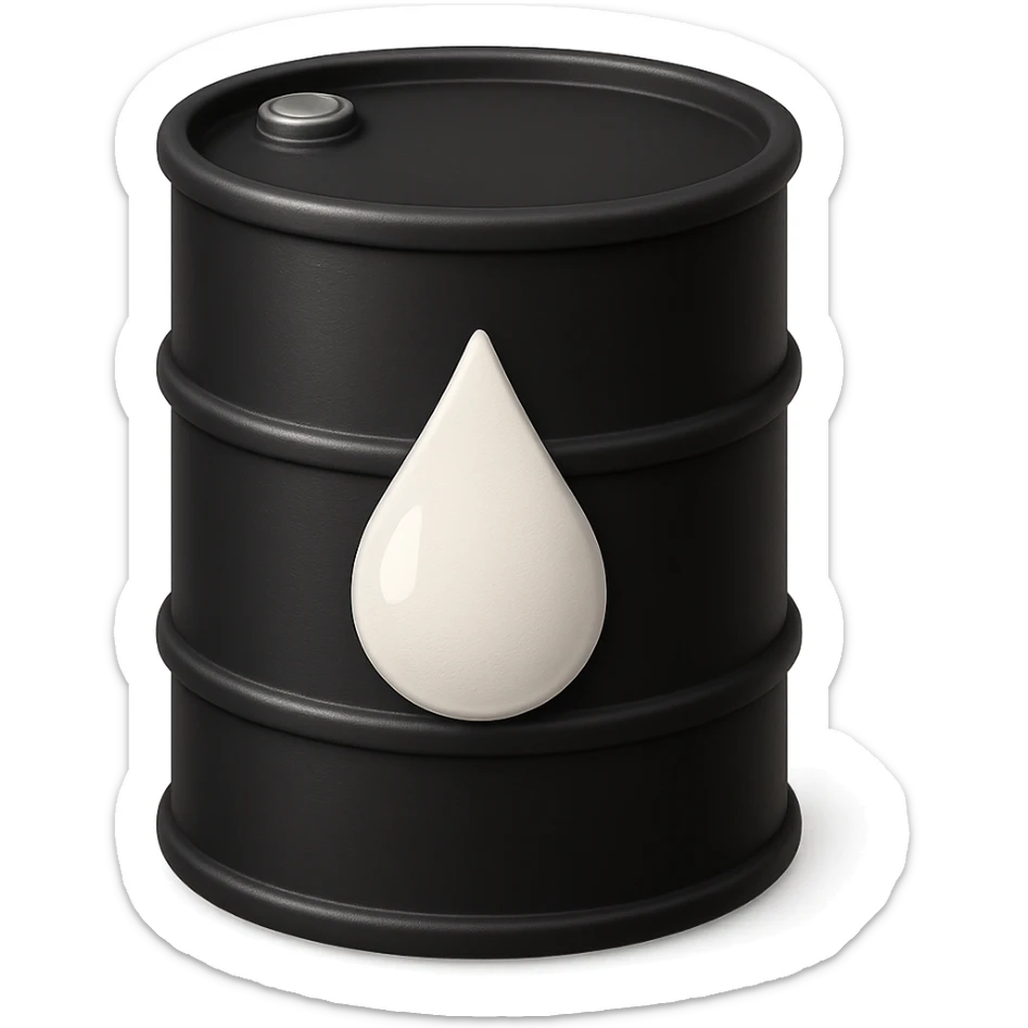 Сгенерируй мне в стиле детализированного емодзи черную бочку на которой нарисованна белая кампля капля, как логотип sticker
