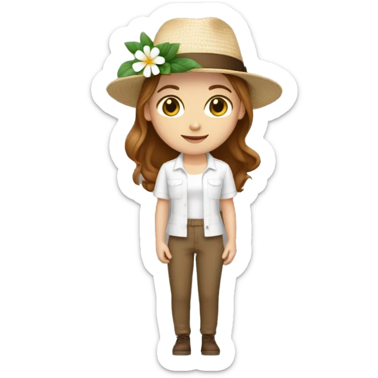 white girl with a flower in her hand, with a hat, shoulder-length brown straight hair, wearing jumpsuit with white shirt in it sticker
