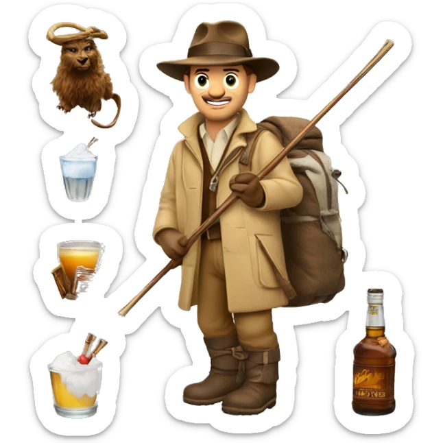 Indiana jones skiing with a shot of whiske sticker