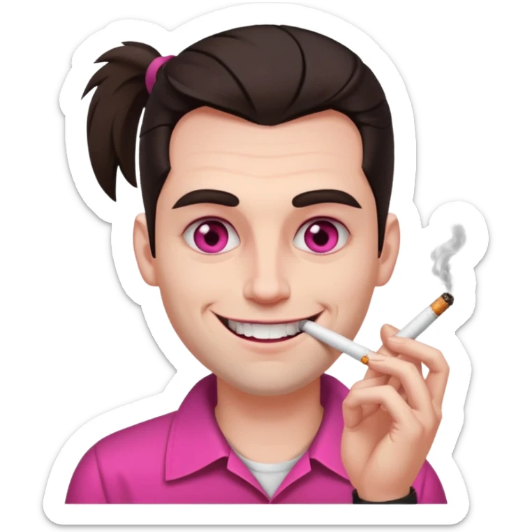 A white man with dark brown hair in a ponytail, oversized bloodshot pink eyes, grinning, smoking a long roll up sticker