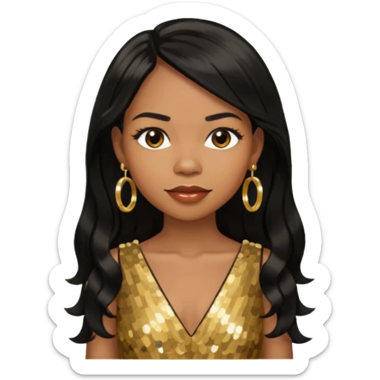 Michelle Williams R&B Singer, Long Black Hair, Medium Dark Skin, Brown Eyes, Gold Dress with earrings sticker