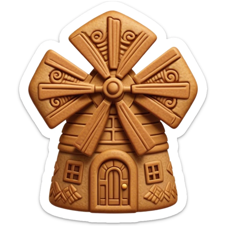 Speculaas Cinematic Realistic Speculaas Biscuit Emoji, depicted as a spiced speculaas cookie crafted in a charming windmill shape, rendered with intricate textures and warm, inviting lighting. sticker