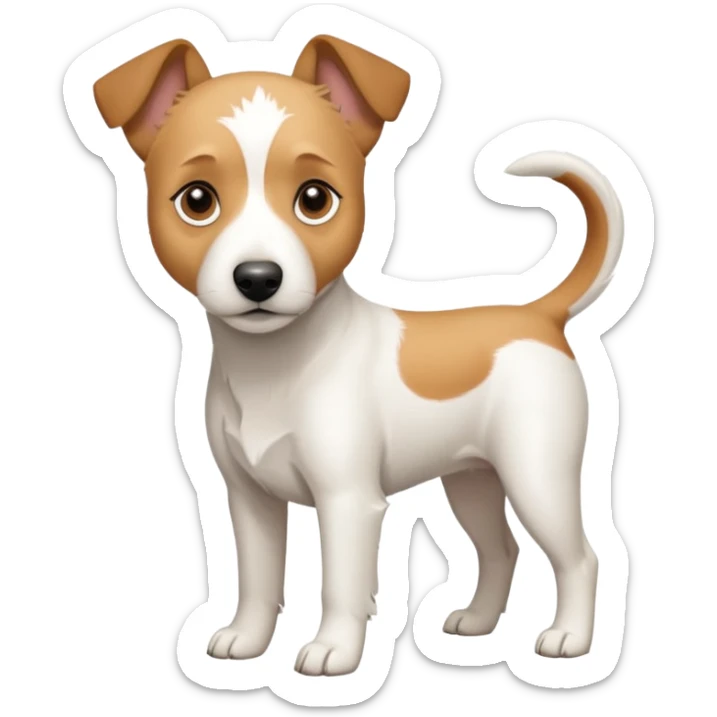 a full body slightly chubby white parson russell terrier looking dog the size of a kelpie with light brown long ears and a light brown patch on one eye and a large snout. the rest of the dog is completely whiteforward facing sticker