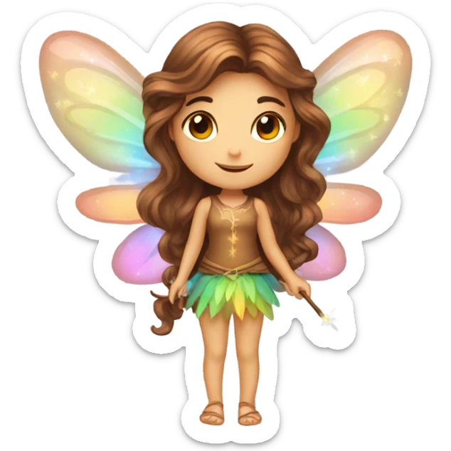 Beautiful long brown hair cute Pixie fairy with magic colorful wings and wand  sticker