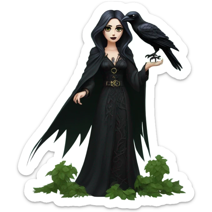 the morrigan goth woman version vines style furr robe stylish boots, perfect eyes, raven on hand, green vines decor on ground sticker