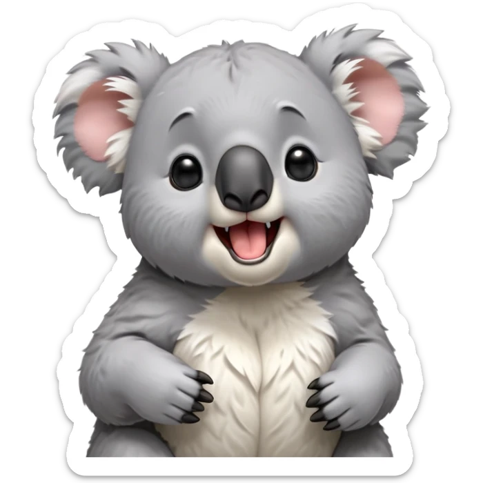 cinematic-cute-yawning-fluffy koala-portrait-emoji,-head-tilted-slightly-with-a-dramatic,-wide-open-yawn,-showcasing-a-soft,-downy-grey-fur-with-drooping-ears-and-round-eyes-barely-open-in-drowsy-contentment,-simplified-yet-irresistibly-adorable, realistic fluffy sticker