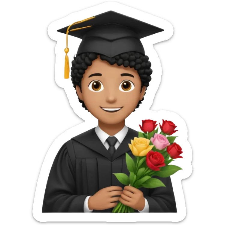 Graduated Students, Male,  brown skin, black curly hair, wearing graduation cap, holding bouquet of flowers
 sticker