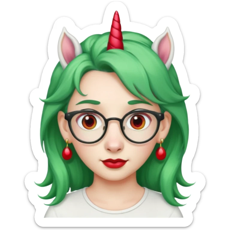 white unicorn with green hair and big red earrings looking into camera and spectacle sticker
