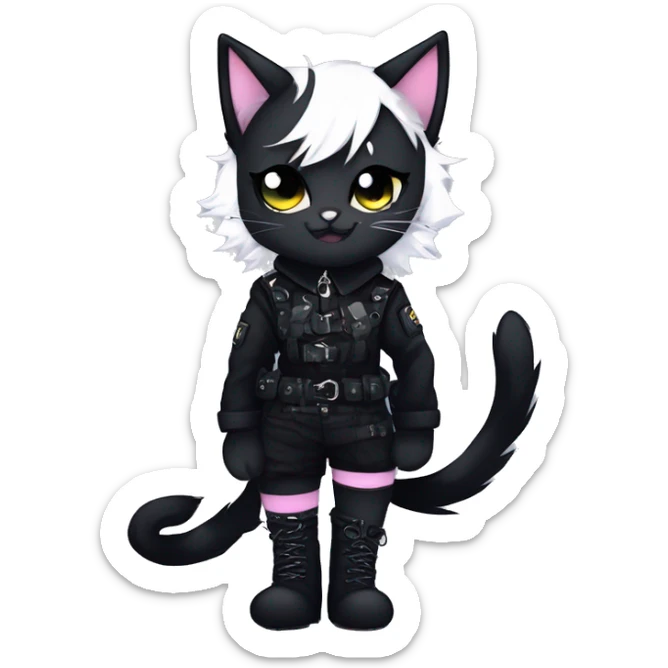Gorgeous furry gothic dark techwear anime style anthro black cat fursona with blushing face aesthetic and pretty edgy black with collar and harness trending style sticker