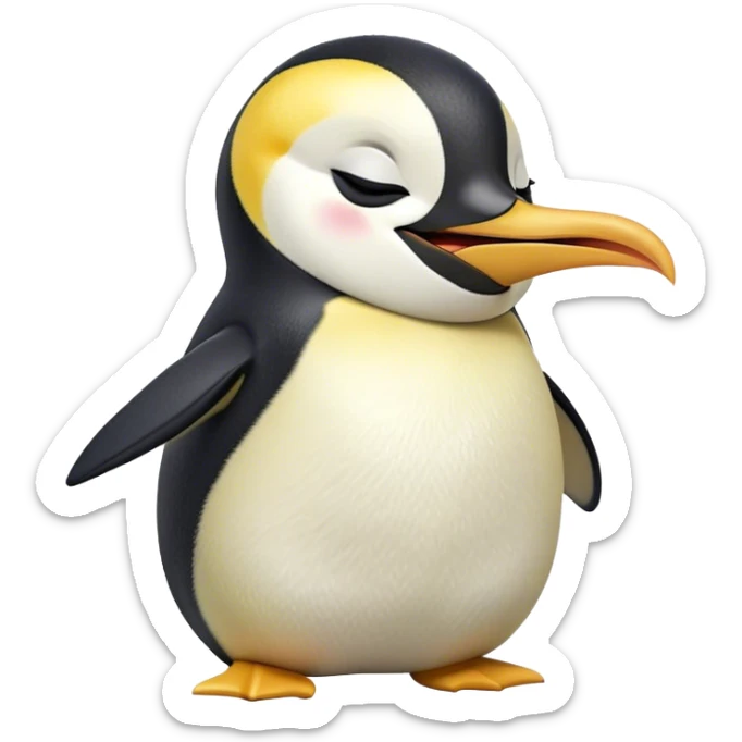 Cinematic Cute Yawning Emperor Penguin Portrait Emoji, Head tilted slightly with a dramatic, wide-open yawn, showcasing smooth, downy feathers with a striking contrast and sleepy, half-closed eyes, Simplified yet irresistibly adorable features, highly detailed, glowing with a soft, cozy polar glow, high shine, relaxed yet expressive, stylized with a touch of whimsical charm, soft glowing outline, capturing the essence of a drowsy yet affectionate arctic guardian that seems ready to stretch out and nap! sticker
