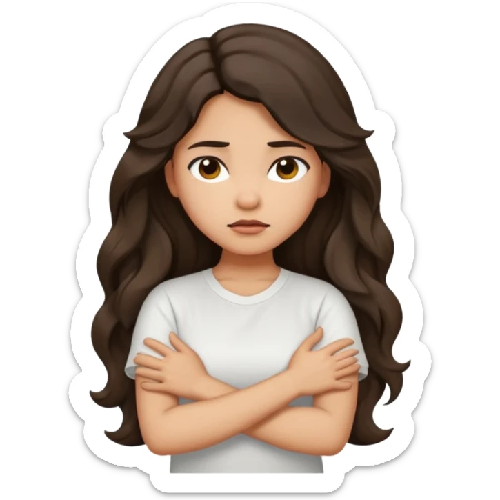Hispanic light tan girl with long dark wavy hair crossing her arms under arm pit and slightly pouting sticker
