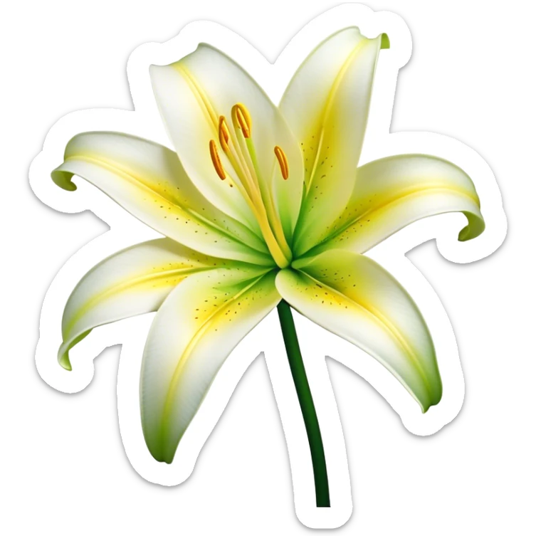 Cinematic Realistic Lily Emoji, Elegant and fragrant, with soft, white petals curling delicately around a golden-yellow stamen at its center. The long, slender green stem stands tall, supporting the vibrant bloom with its slightly curled tips. Soft glowing outline, capturing the essence of purity, elegance, and grace in a striking lily. sticker
