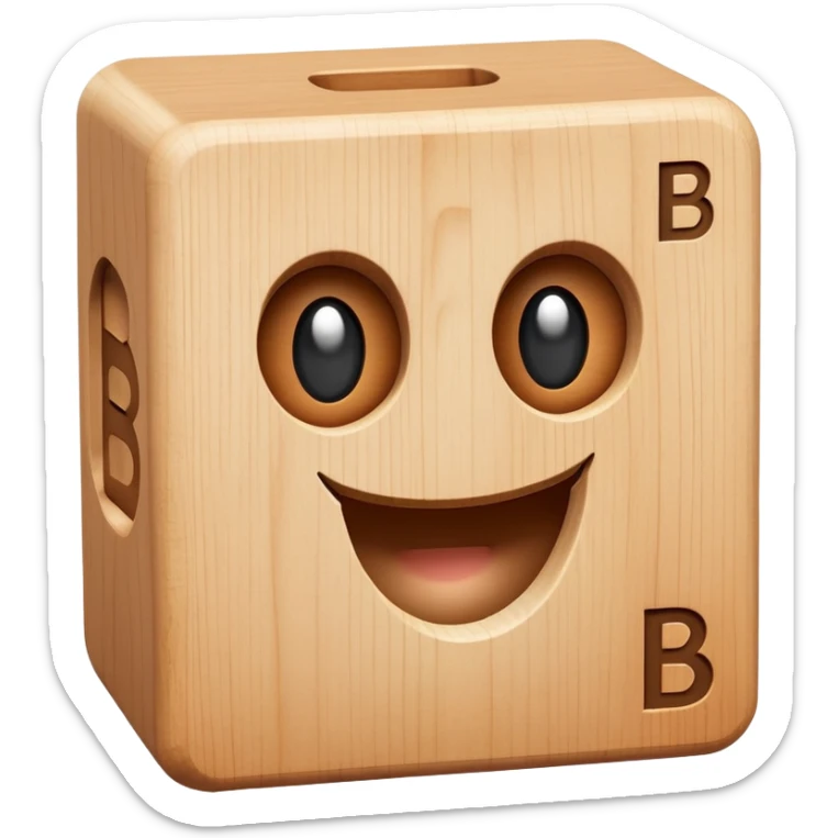 A wooden letter B block toy with adorable eyes and a happy expression sticker