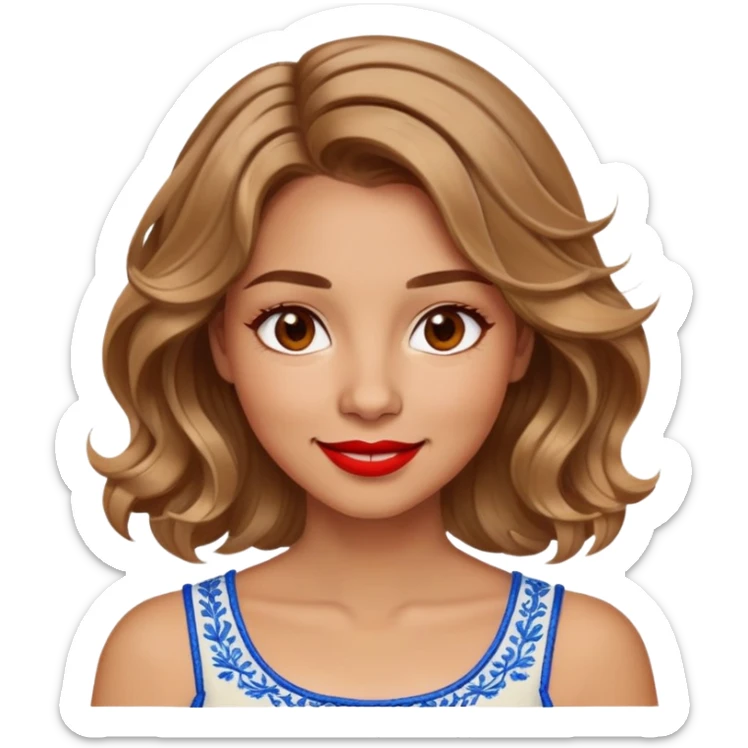 Enthusiastic woman with healthy glowing skin, round cheeks, warm smile, expressive light brown eyes, red lipstick, wavy dark blonde shoulder-length hair with highlights, summery white top with blue embroidery and electric blue neckline sticker