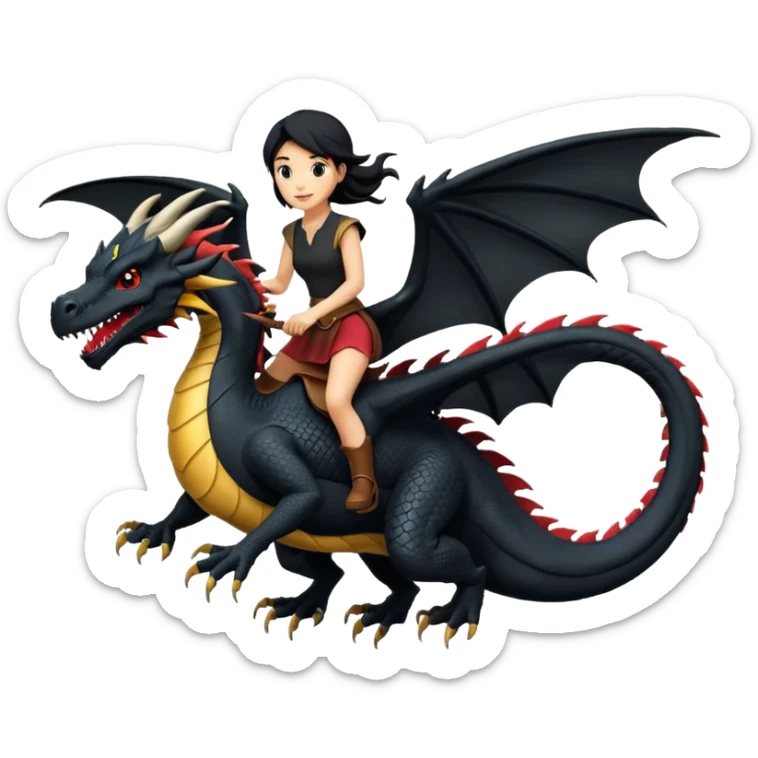 Super large black dragon flying with a  female rider on top of it sticker
