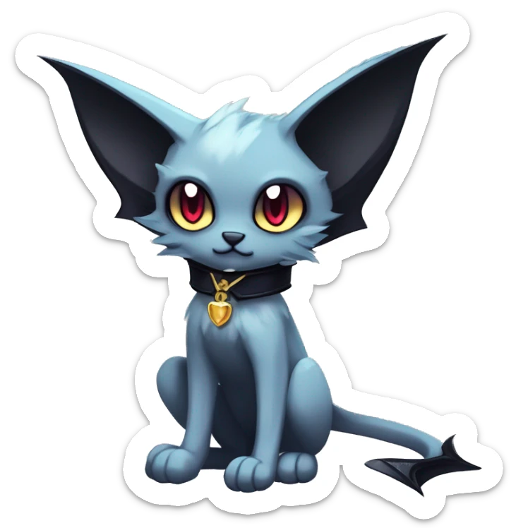   cool edgy beautiful anime-style ethereal dark-punk-themed animal vampiric cat-hybrid Fakemon with fangs and bat-wing-ears with a collar full body sticker