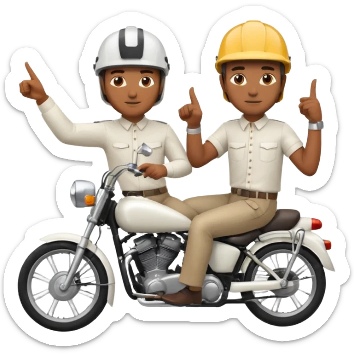 two men sitting on a bike, both wearing helmets, the man behind the driver wearing a white shirt and pointing a finger, both with brown skin tone sticker