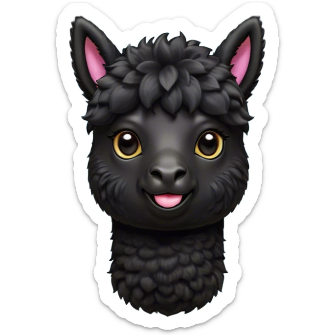 Cinematic Cute Black Alpaca Portrait Emoji, Head tilted playfully and inquisitively, featuring a plush, shiny jet-black fleece with a lustrous sheen, round, sparkling dark eyes filled with curiosity, Simplified yet irresistibly adorable features, highly detailed, glowing with a warm, friendly glow, high shine, affectionate and gentle, stylized with a touch of whimsy, bright and endearing, soft glowing outline, capturing the essence of a mischievous yet loving alpaca, so playful it feels like it could prance out of the screen and into your arms! sticker