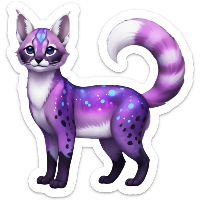 Colorful black-violet-indigo-purple-gradients nebulae nebula starry galactical shiny white-stars-spotted glorious iridescent divine exotic cute cool beautiful realistic caracal-civet-genet-sergal-vernid-Cacomistle-Trico-oncilla-animal-Fakémon-hybrid-fursona (full body) sticker
