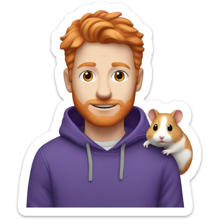 ginger man with blue eyes wearing purple hoodie holding a white hamster sticker