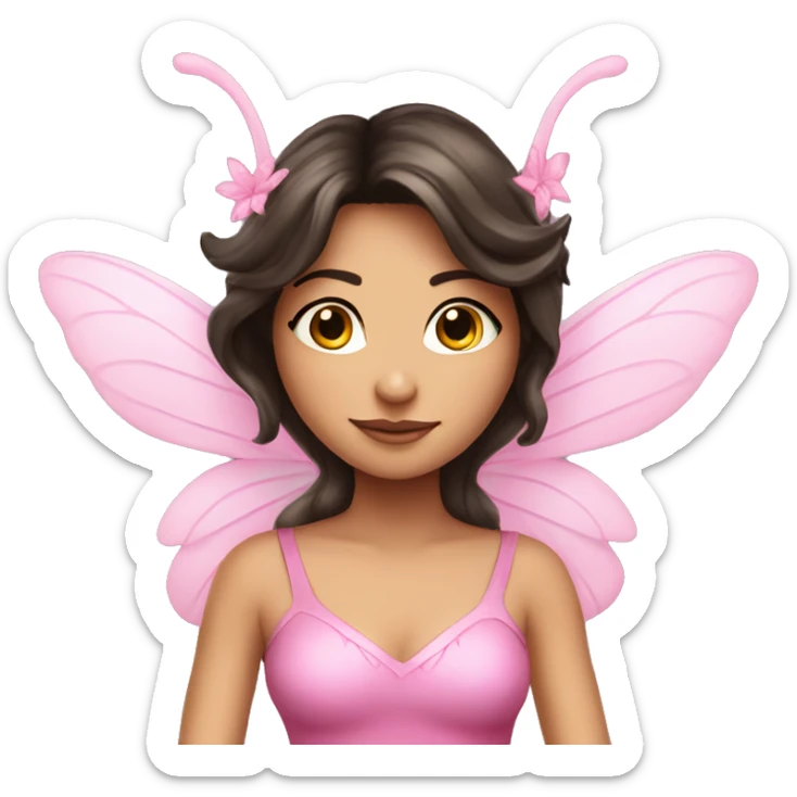 attractive brunette fairy that has decorated pink wings and a pink top sticker