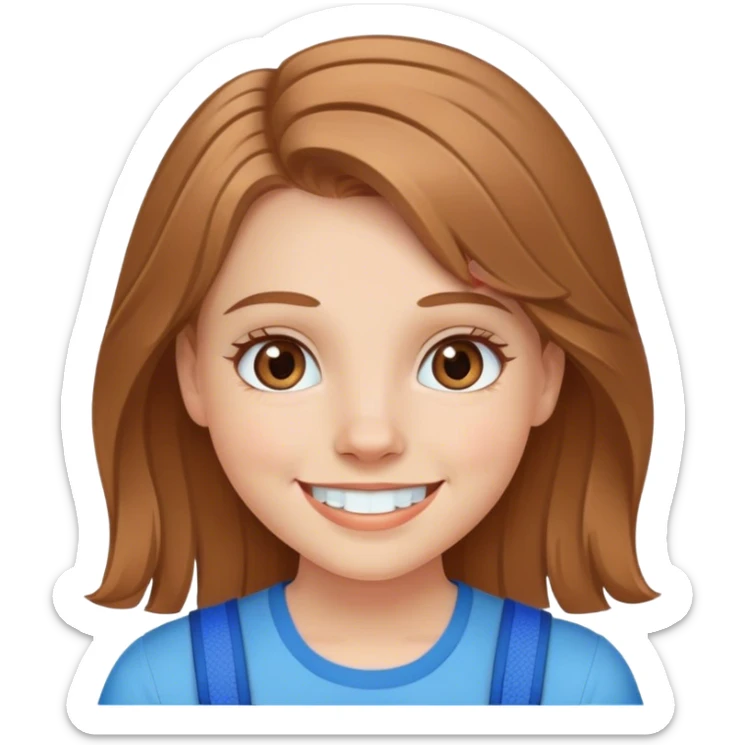 white girl with light brown hair and hazel eyes smiling with blue braces sticker