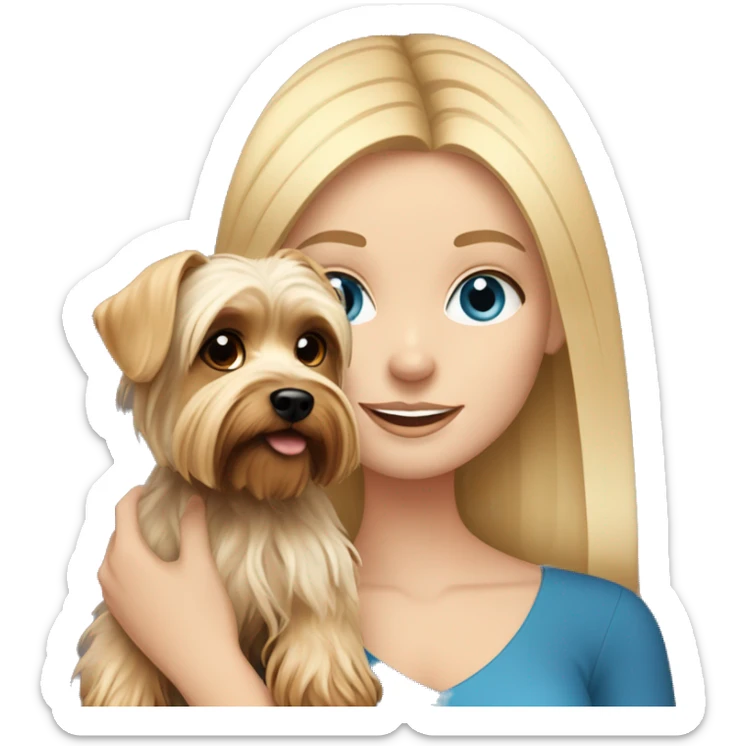 white girl with blue eyes and blonde hair holding a dog yorkshire terrier sticker