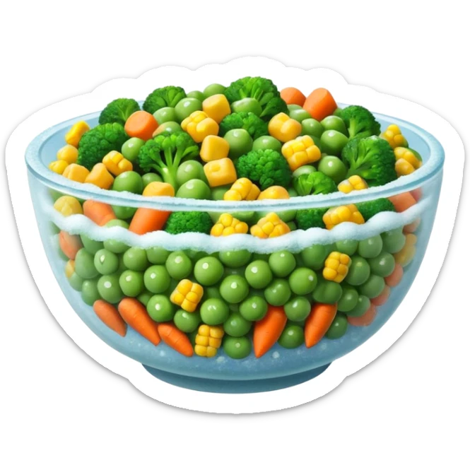 A close-up of a bowl filled with frozen mixed vegetables — peas, carrots, corn, and broccoli — covered with a light layer of frost. The colors are bright but slightly muted from freezing. Natural lighting, high-detail macro food photo. sticker
