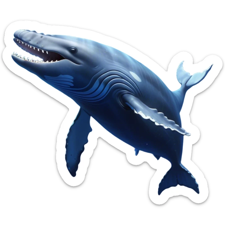 Meme-Worthy Singing Humpback Whale Portrait Emoji, Mouth open wide in a dramatic, melodious pose, showcasing a deep blue-gray body with barnacle accents and an expressive, soulful gaze, Simplified yet artistically graceful features, highly detailed, glowing with a soft, magical marine aura, high shine, enchanting and full of life, stylized with an air of deep-sea wonder, soft glowing outline, capturing the essence of a majestic humpback whale mid-song, resonating with the beauty of the ocean's ancient melodies! sticker