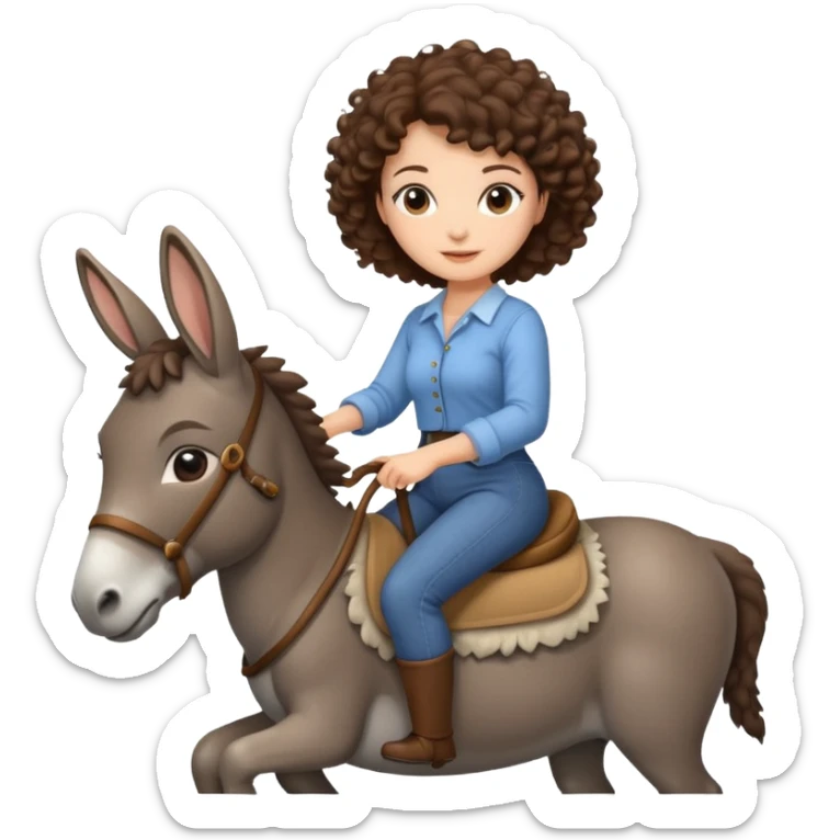 cute woman short tight curly brown hair riding an gentle donkey sticker