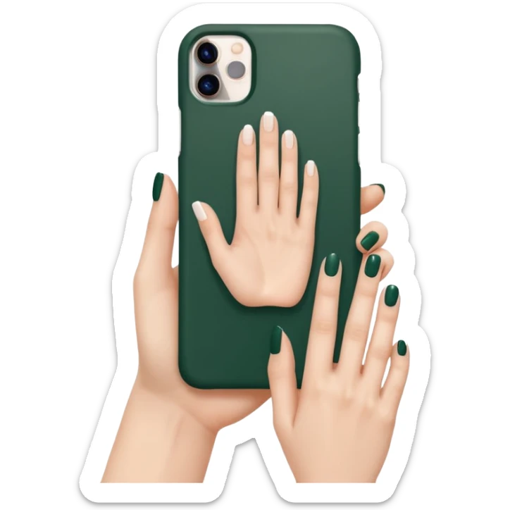 female hand with nude manicure (5 fingers) holding a white iPhone in a dark green case, clean background, minimalist sticker