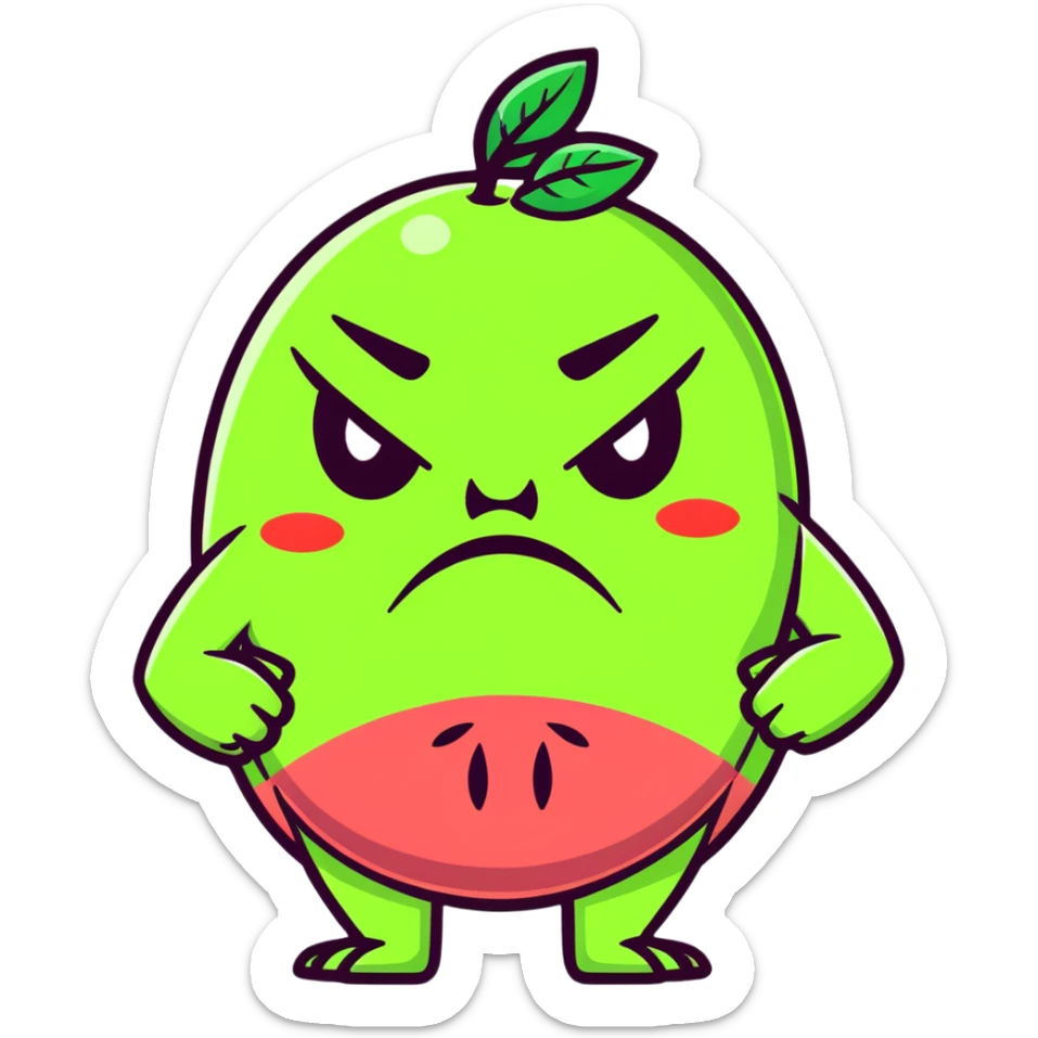 Furious guava character with angry eyes, scowling face, and arms crossed sticker