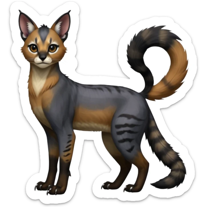 Colorful dark black gloomy spooky pointy foggy smoky points-marked glorious hyper-realistic exotic cute cool beautiful beautiful fantasy-caracal-civet-genet-sergal-vernid-Gryphon-Cacomistle-Trico-oncilla-animal-Fakémon-hybrid-fursona (full body) sticker