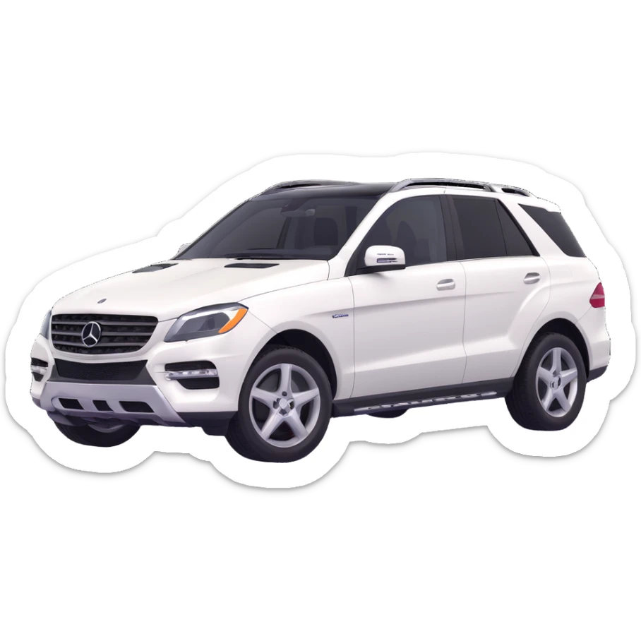 3D style image of a 2015 Mercedes Benz ML350 SUV, white exterior, black interior, front angle sticker