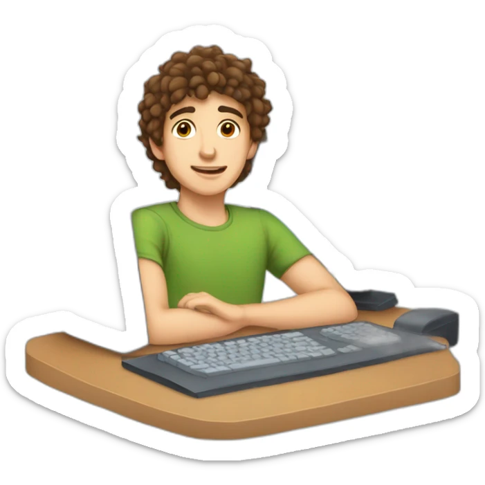 17 year old boy with brown hair big bushy eyebrows and face stubble sitting with a computer infront of him sticker