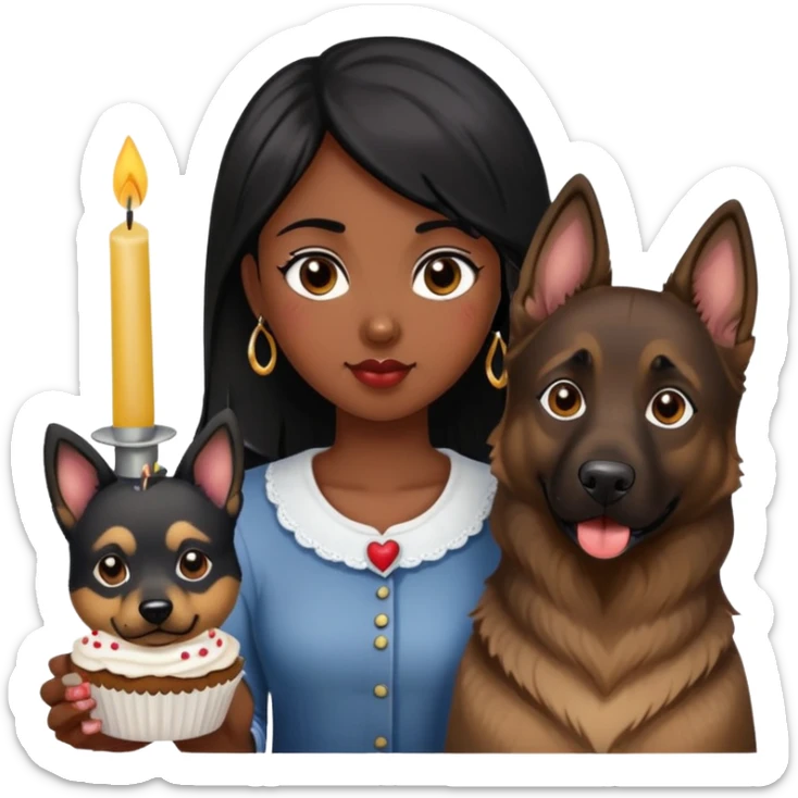 Black hair girl holding cupcake with candle next to german shepherd dog sticker