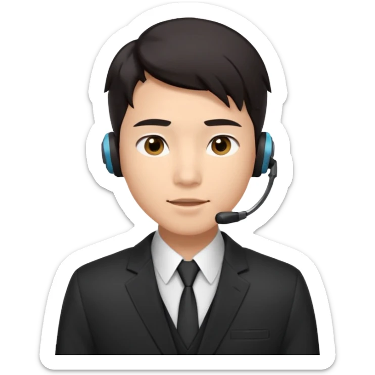 A young Asian man with smooth light skin, dark hair that swoops upward in the front, expressive eyes, a clean-shaven face, and a call-center style headset over one ear, usually paired with a crisp shirt and suit jacket visible from the chest up. sticker