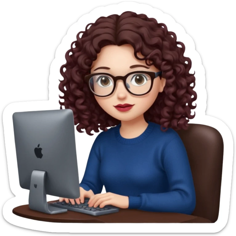 a white young woman with very long wavy dark brown/chocolate hair with curls at the end of her long hair typing in a computer. she's using round glasses, her lips are light red and her cheeks slightly pink. Her eyes are dark brown. She's using a dark blue knit sweater  sticker