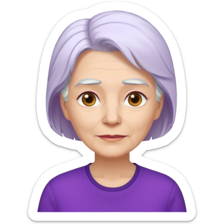older woman with white hair and purple shirt sticker