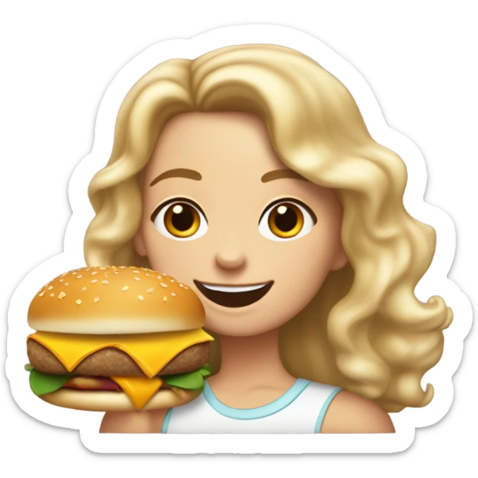 white girl medium length curly hair freckles birth mark on left side of neck eating a cheeseburger and cheesey bread  sticker