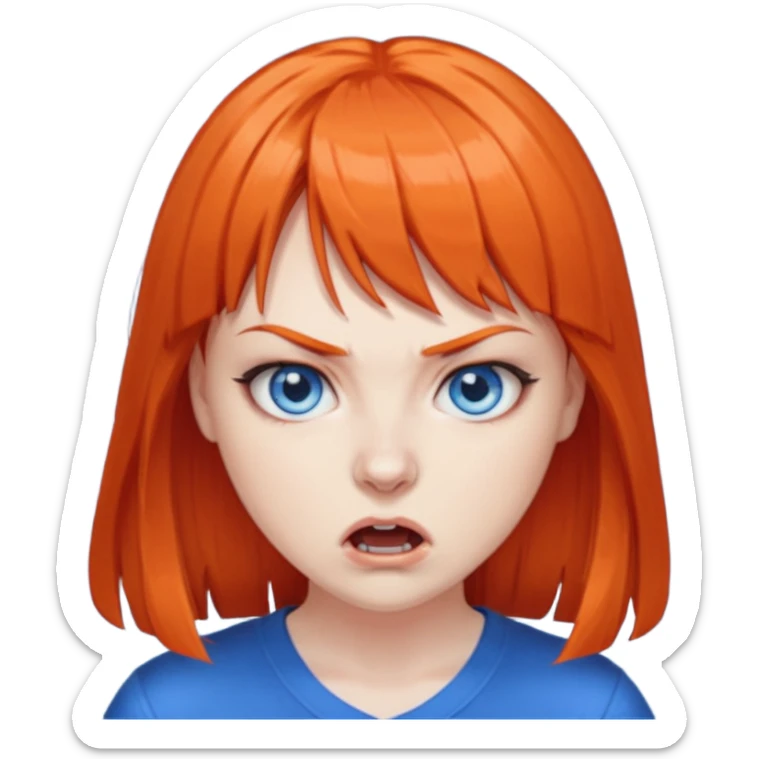 A woman with dark orange hair and bangs, blue eyes, an asmr streamer, angry, sticker