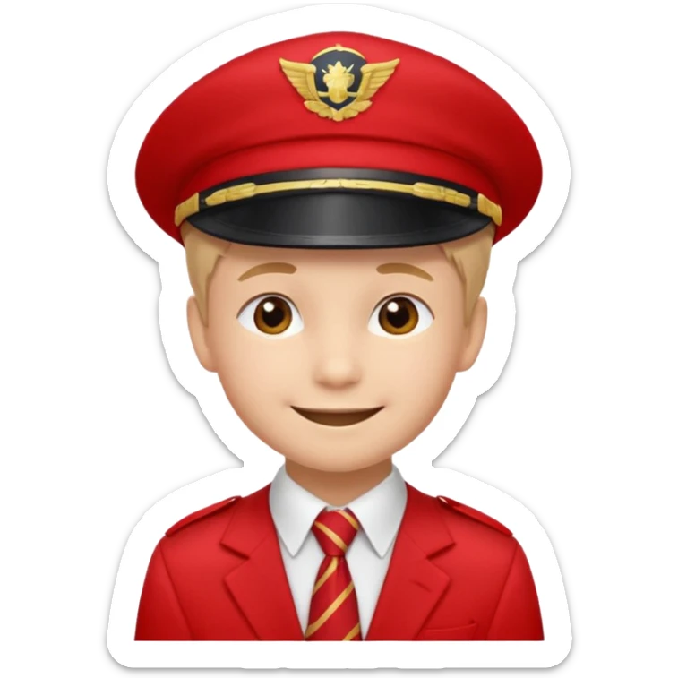 A Soviet pioneer emoji — smiling young boy wearing a bright red tie (pioneer neckerchief) and a red pilotka cap. White shirt, neat and cheerful, minimal flat emoji style, simple colors, clear outlines, professional emoji design. sticker