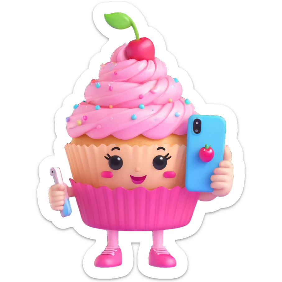 3D kawaii cupcake character in pastel colors, glossy swirled frosting, shiny cherry, big sparkling eyes, holding a phone for a selfie, winking and posing confidently, pastel pink polka dot wrapper, surrounded by sparkles, soft lighting, high resolution sticker